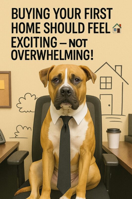 First Home Owners Home Loans Australia Angus | Home Loans Australia A brown and white dog wearing a white collar and black tie sits seriously in an office chair. Behind the dog, a beige wall features simple doodles of a house and clouds, along with bold text that reads, “Buying your first home should feel exciting — not overwhelming!” The playful image humorously promotes a friendly and stress-free approach to home buying.