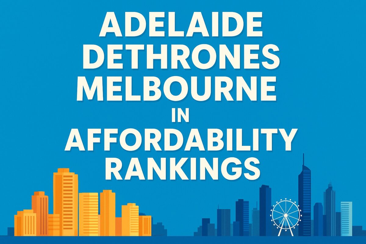 Home Loans Australia Melbourne Affordability | Home Loans Australia Illustration showing the title “Adelaide dethrones Melbourne in affordability rankings” with colourful skyline graphics of both cities against a blue background.