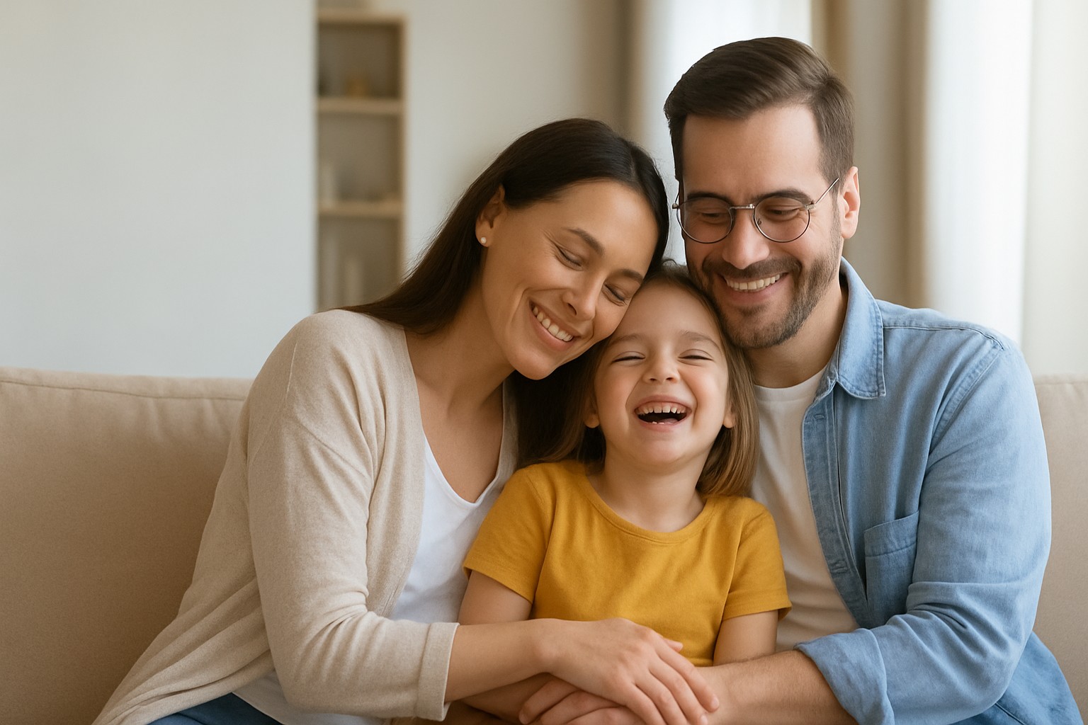 A smiling family of three – mother, father, and young daughter – sit closely together on a beige sofa, laughing and enjoying a warm moment in their living room.