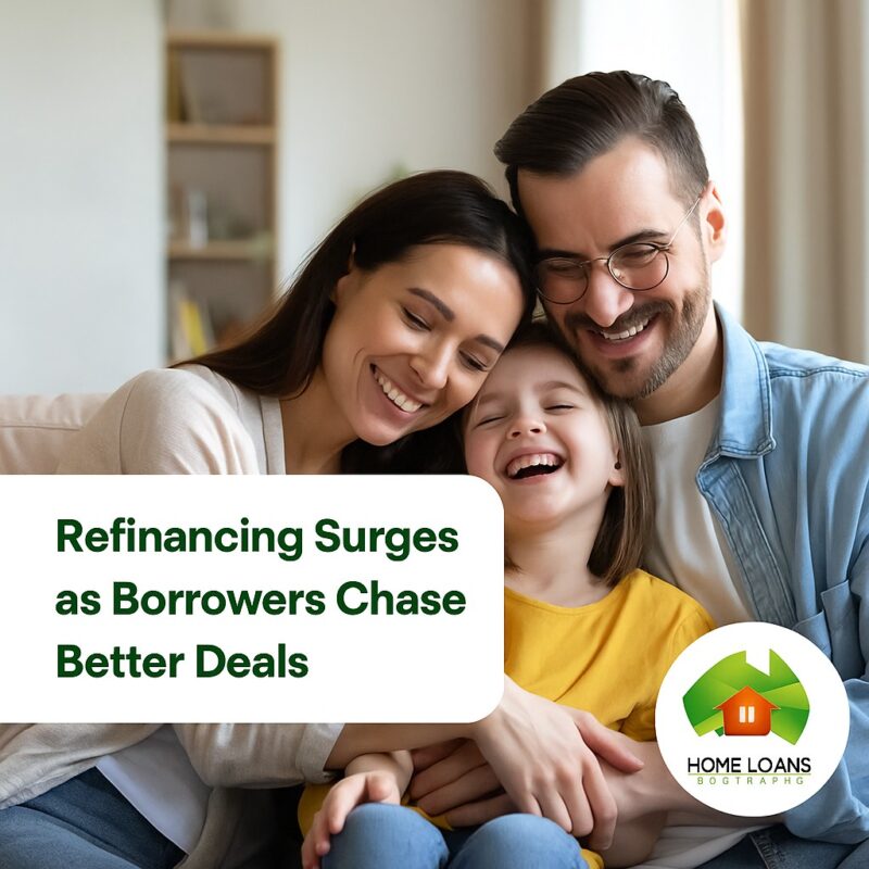 A smiling family of three – mother, father, and young daughter – sit closely together on a beige sofa, laughing and enjoying a warm moment in their living room. The Home Loans Australia logo appears in the top left corner, representing a friendly, family-focused mortgage broker.