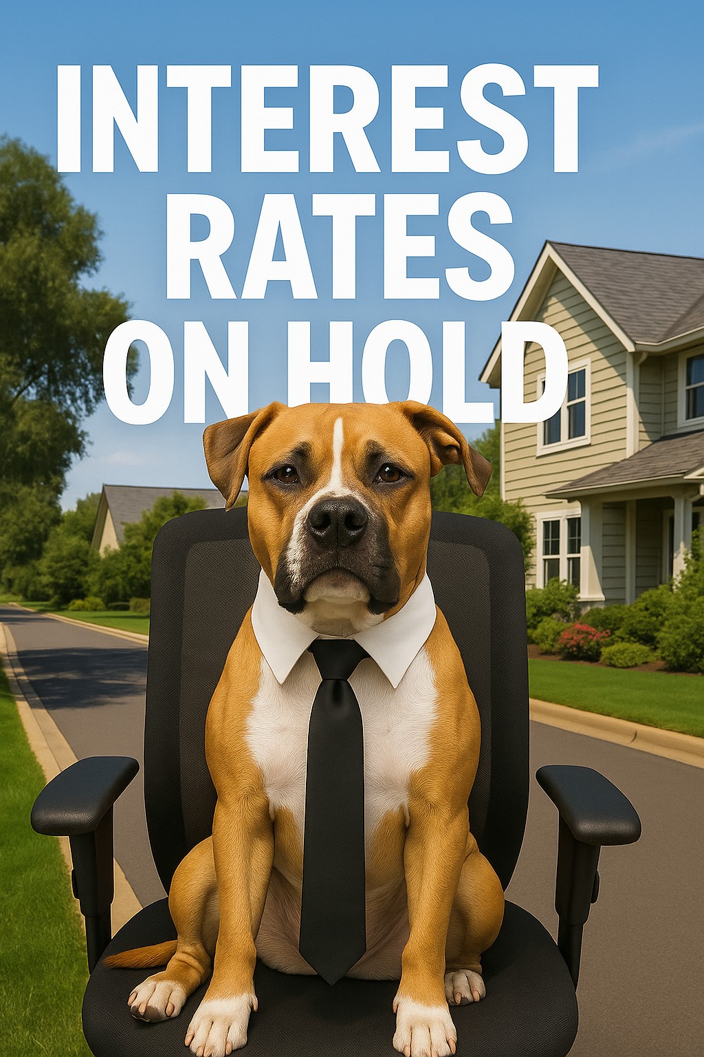 Angus Interest Rates On Hole Home Loans Australia | Home Loans Australia A brown and white dog wearing a white shirt collar and black tie sits on an office chair in the middle of a suburban street, with large white text above reading “Interest Rates On Hold.”