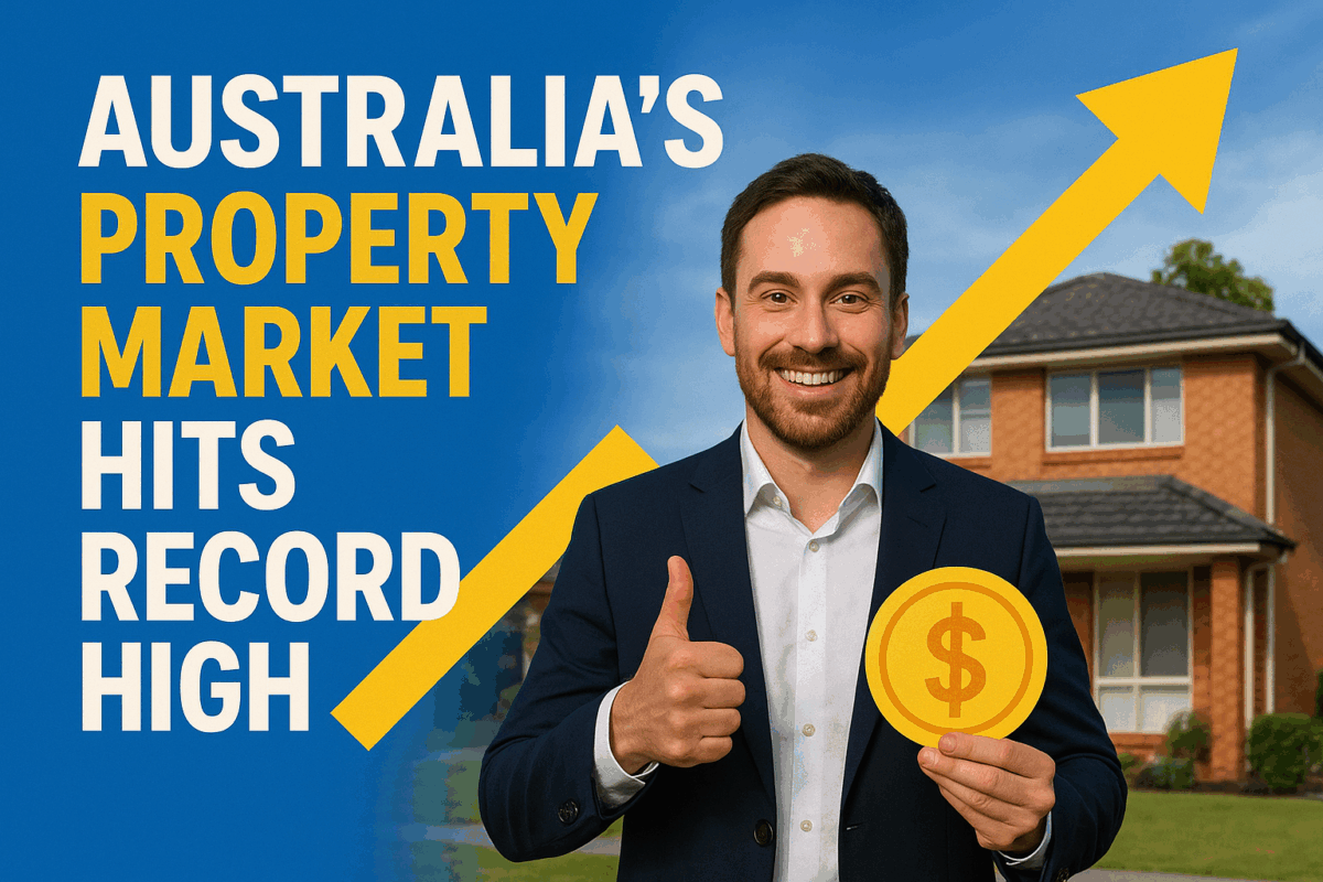 Home Loans Australia Market | Home Loans Australia A smiling man in a business suit stands in front of a suburban house, giving a thumbs up and holding a gold coin symbol with a dollar sign. Behind him, a bright yellow upward arrow points skyward, representing growth. Bold text on a blue background reads, “Australia’s Property Market Hits Record High.”