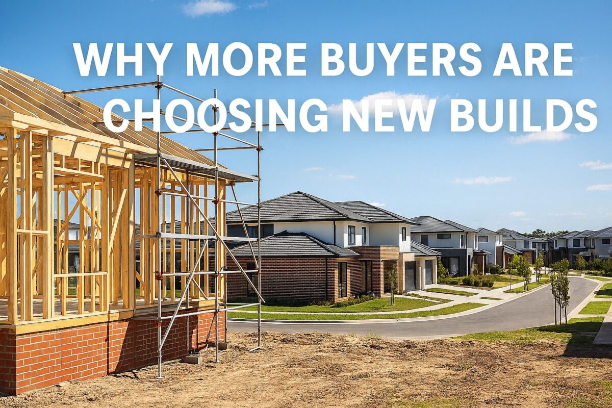 A partially constructed home in the foreground with timber framing and scaffolding, set against a backdrop of completed modern homes in a Melbourne suburban estate. Blue skies and sunshine highlight the appeal of new builds in growing suburbs.