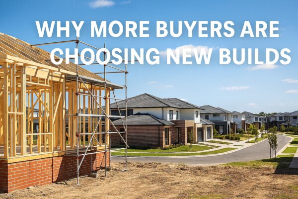 A partially constructed home in the foreground with timber framing and scaffolding, set against a backdrop of completed modern homes in a Melbourne suburban estate. Blue skies and sunshine highlight the appeal of new builds in growing suburbs.