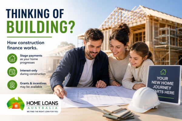 Australian family planning a new home build with construction loan finance and building plans.