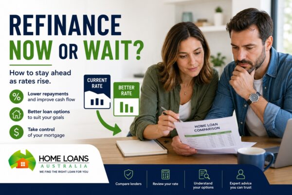 Australian homeowners reviewing refinancing options as interest rates rise and home loan costs increase.